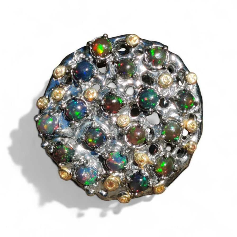 Sterling Silver Multi-Opal Cluster Ring with Gold Accents - Black/Green Fire